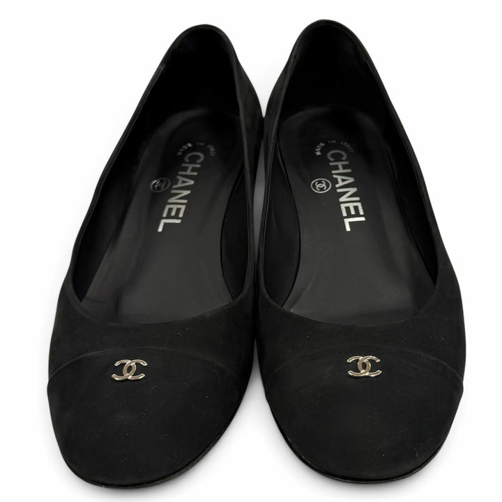 美品★CHANEL シャネル G28429 ココマーク チャンキーヒール ヌバックレザー パンプス ブラック シルバー金具 35.5 イタリア製
