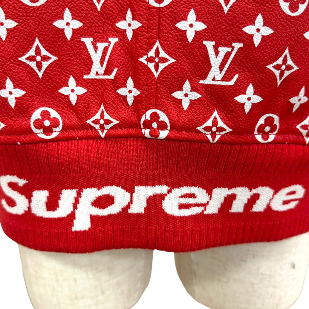 美品□LOUIS VUITTON Supreme LV Leather Baseball Jacket ヤギ革 モノグラム ボンバージャケット レッド ホワイト 54 イタリア製 正規品