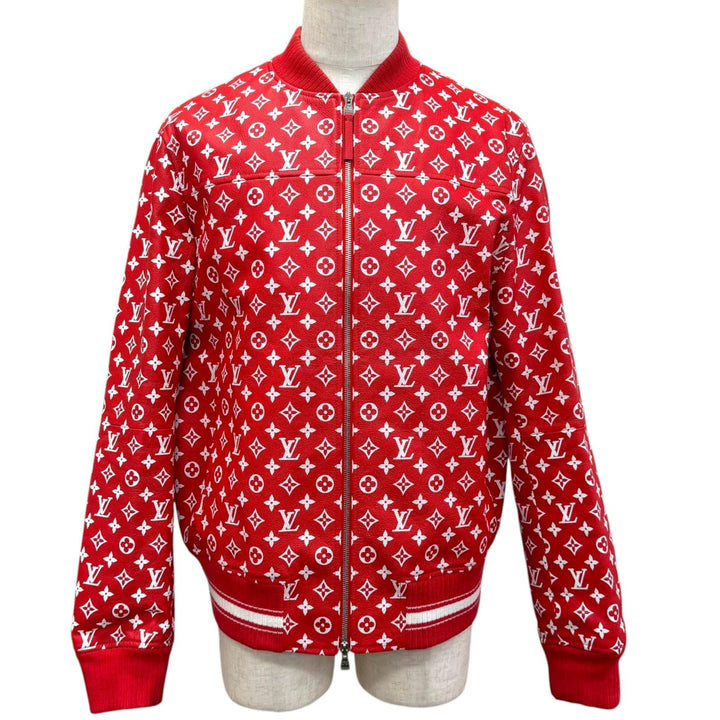 美品□LOUIS VUITTON Supreme LV Leather Baseball Jacket ヤギ革 モノグラム ボンバージャケット レッド ホワイト 54 イタリア製 正規品