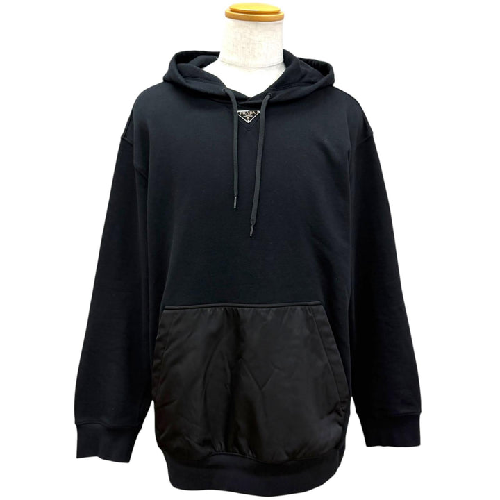 美品□PRADA プラダ 2023年製 UJL45B Re-Nylon トライアングルロゴ プルオーバーパーカー フーディー ブラック XL イタリア製 正規品
