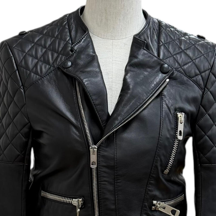 美品★BALENCIAGA バレンシアガ 301194 キルティングデザイン サイドレースアップ レザー ライダースジャケット ブラック 36 正規品