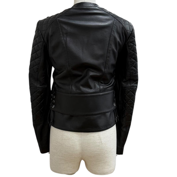 美品★BALENCIAGA バレンシアガ 301194 キルティングデザイン サイドレースアップ レザー ライダースジャケット ブラック 36 正規品