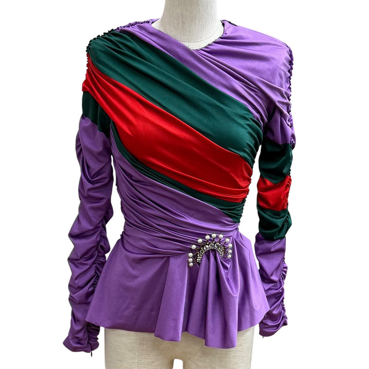 極美品★GUCCI×BALENCIAGA グッチ×バレンシアガ 677041 ブローチ付 ウェブストライプ シャーリング トップス マルチ 36 伊製 正規品