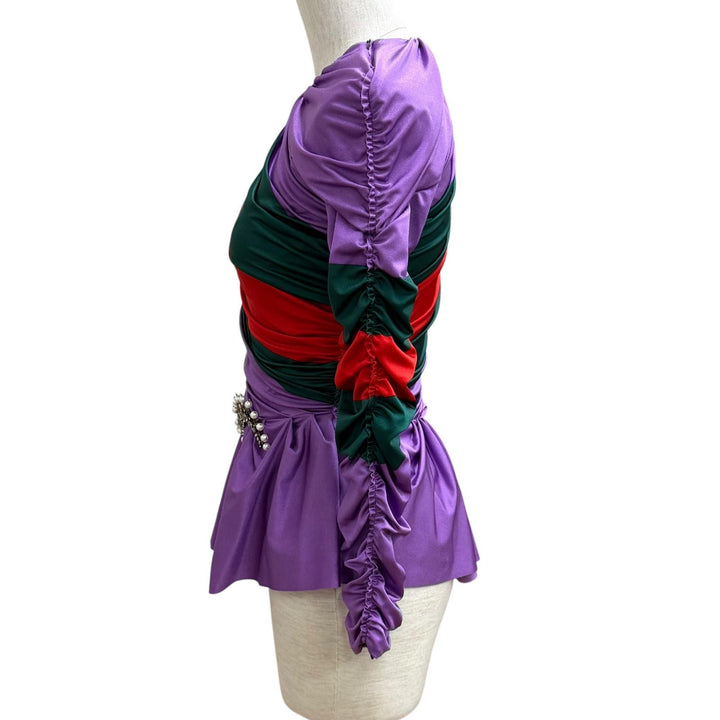 極美品★GUCCI×BALENCIAGA グッチ×バレンシアガ 677041 ブローチ付 ウェブストライプ シャーリング トップス マルチ 36 伊製 正規品