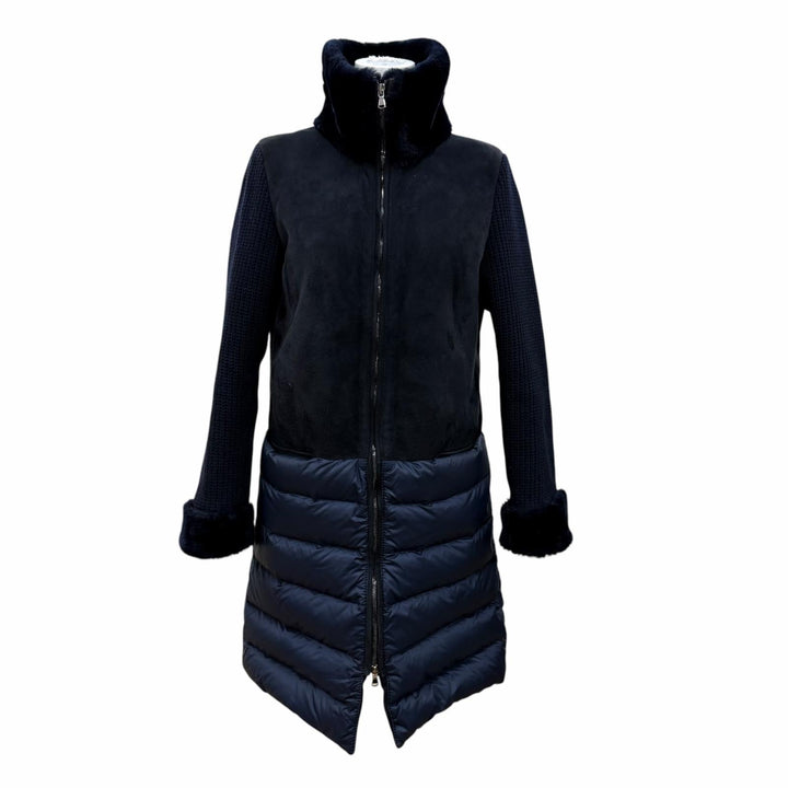 美品☆EMMETI エンメティ 羊革 ニット切替 ロング丈 ZIP UP ムートンコート ダウンコート ネイビー 40 イタリア製 正規品 レディース