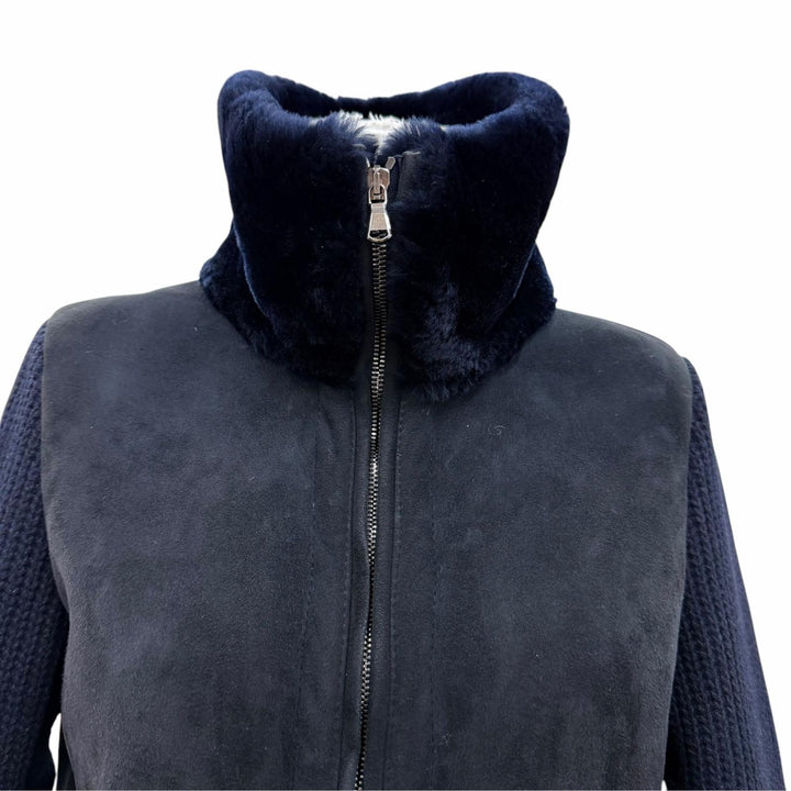 美品☆EMMETI エンメティ 羊革 ニット切替 ロング丈 ZIP UP ムートンコート ダウンコート ネイビー 40 イタリア製 正規品 レディース