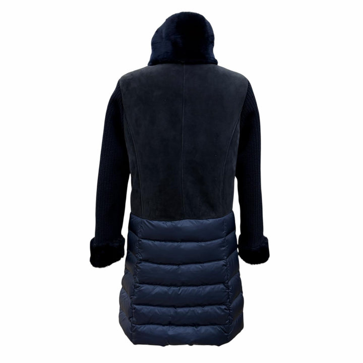 美品☆EMMETI エンメティ 羊革 ニット切替 ロング丈 ZIP UP ムートンコート ダウンコート ネイビー 40 イタリア製 正規品 レディース