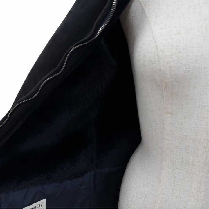 美品☆EMMETI エンメティ 羊革 ニット切替 ロング丈 ZIP UP ムートンコート ダウンコート ネイビー 40 イタリア製 正規品 レディース