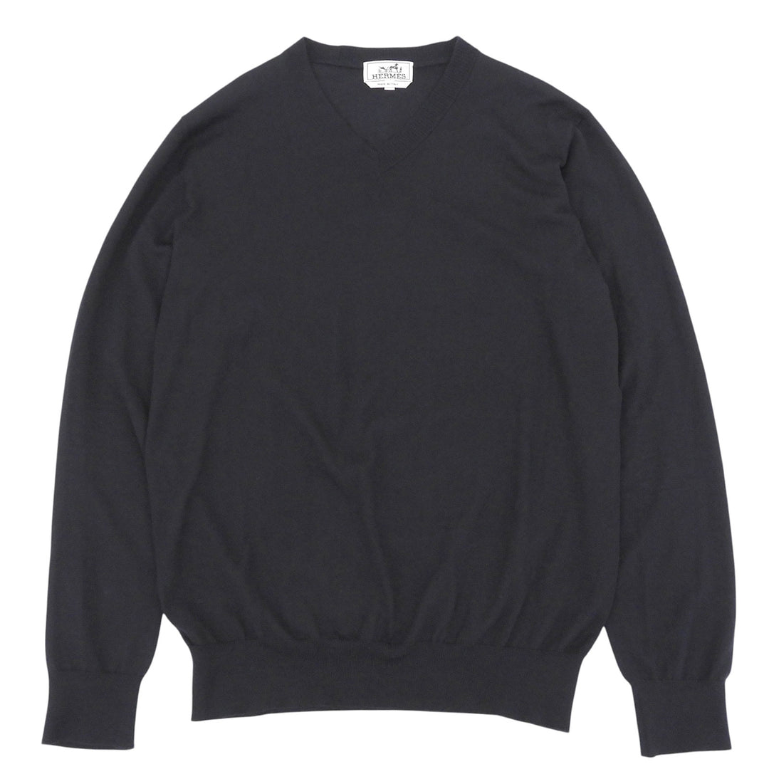 美品▲HERMES エルメス 52-5710 カシミヤ100％ Vネック セーター ニット ブラック XL イタリア製 正規品 メンズ