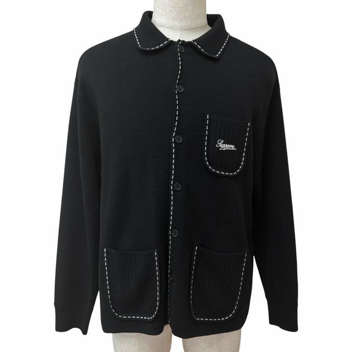 極美品□Supreme シュプリーム 22AW Contrast Stitch Button Up メリノウール ニット カーディガン ブラック L 正規品 メンズ オススメ
