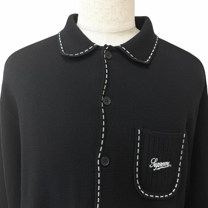 極美品□Supreme シュプリーム 22AW Contrast Stitch Button Up メリノウール ニット カーディガン ブラック L 正規品 メンズ オススメ