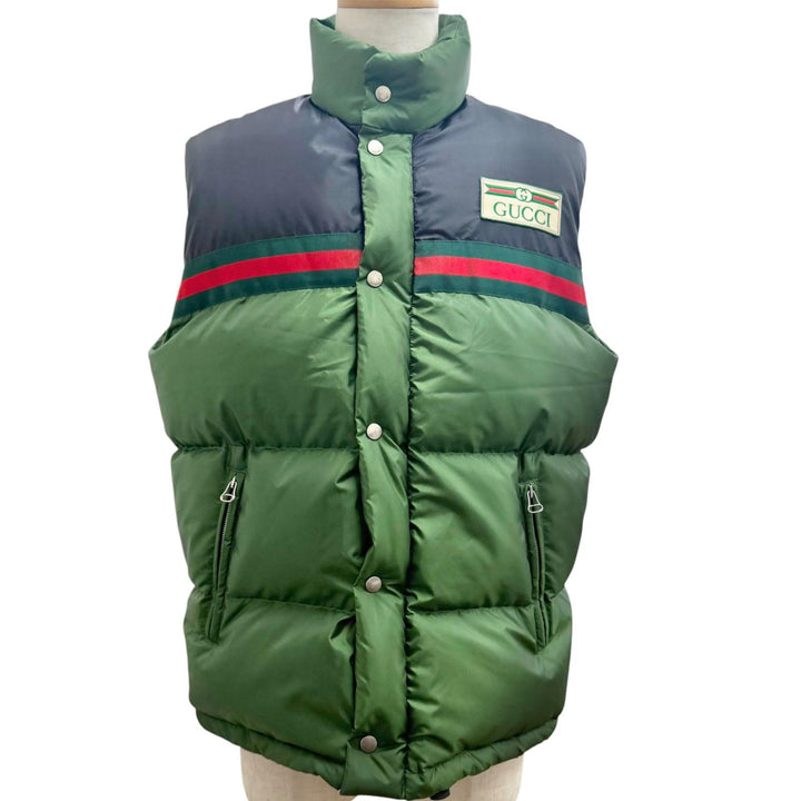 極美品□GUCCI グッチ 698713 ウェブストライプ ロゴワッペン ZIPUP ダウンベスト ジレ グリーン ブラック 44 イタリア製 正規品 メンズ
