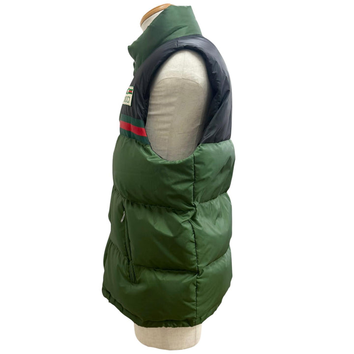 極美品□GUCCI グッチ 698713 ウェブストライプ ロゴワッペン ZIPUP ダウンベスト ジレ グリーン ブラック 44 イタリア製 正規品 メンズ