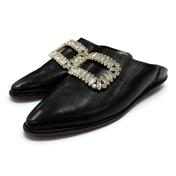 極美品☆ROGER VIVIER ロジェヴィヴィエ バブーシュ レザー クリスタルバックル ミュール ブラック 38 イタリア製 レディース 保存袋付き