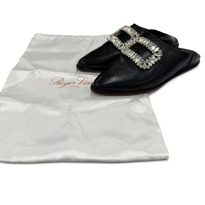 極美品☆ROGER VIVIER ロジェヴィヴィエ バブーシュ レザー クリスタルバックル ミュール ブラック 38 イタリア製 レディース 保存袋付き