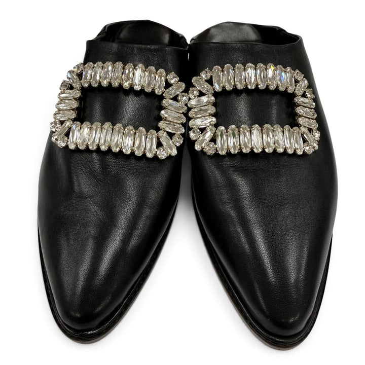極美品☆ROGER VIVIER ロジェヴィヴィエ バブーシュ レザー クリスタルバックル ミュール ブラック 38 イタリア製 レディース 保存袋付き