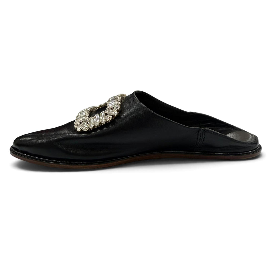 極美品☆ROGER VIVIER ロジェヴィヴィエ バブーシュ レザー クリスタルバックル ミュール ブラック 38 イタリア製 レディース 保存袋付き