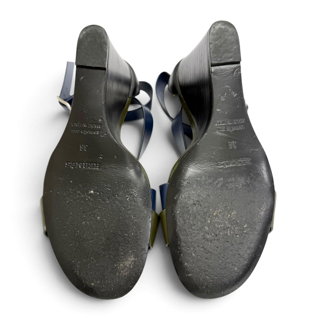 美品△HERMES エルメス レザー クロスストラップ ウェッジソール サンダル ネイビー カーキ シルバー金具 36 イタリア製 レディース