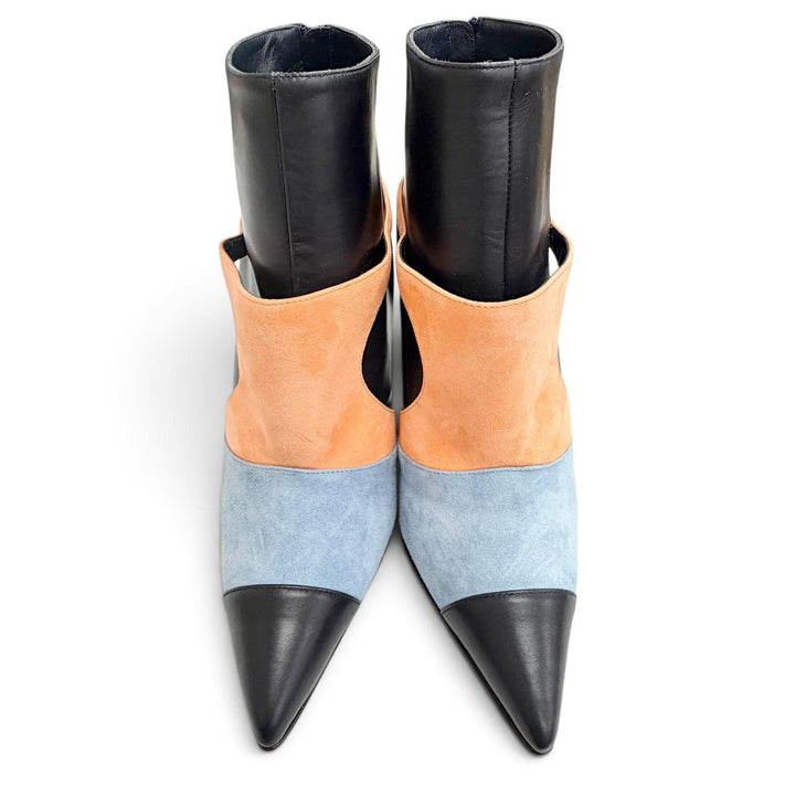 極美品△MANOLO BLAHNIK マノロブラニク NUSA レザー スウェードレザー使い バックジップ ポインテッドトゥ ブーティ 37 伊製 箱・袋付き