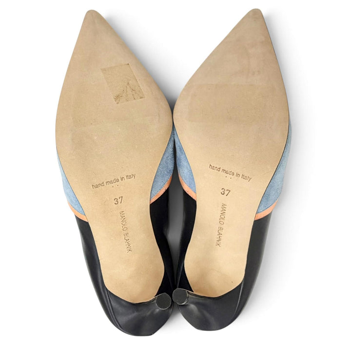 極美品△MANOLO BLAHNIK マノロブラニク NUSA レザー スウェードレザー使い バックジップ ポインテッドトゥ ブーティ 37 伊製 箱・袋付き