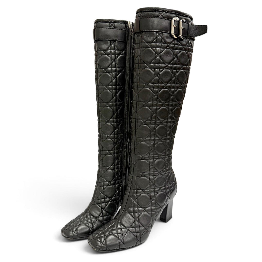 極美品△Christian Dior クリスチャンディオール カナージュ サイドジップ レザー ロングブーツ ブラック シルバー金具 36 イタリア製