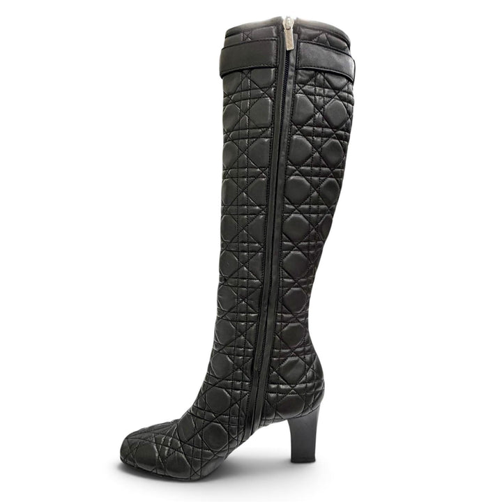 極美品△Christian Dior クリスチャンディオール カナージュ サイドジップ レザー ロングブーツ ブラック シルバー金具 36 イタリア製