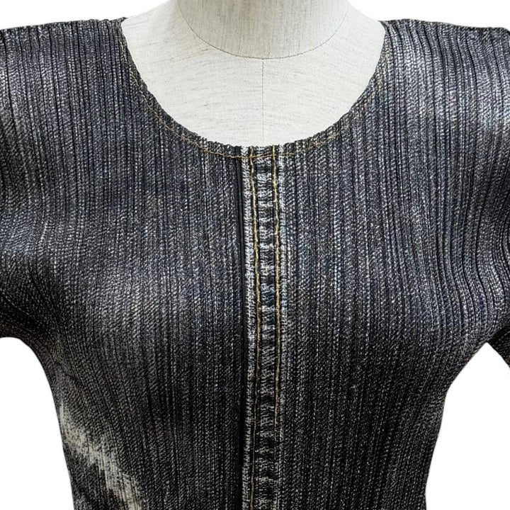 極美品★PLEATS PLEASE プリーツプリーズ イッセイミヤケ PP71-JK535 デニム転写 クルーネック 半袖 トップス ブラック系 3 正規品