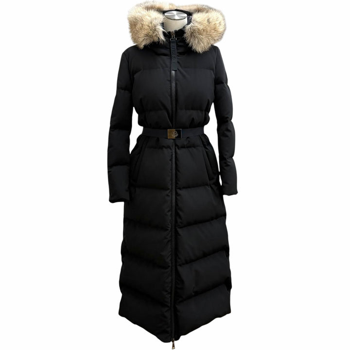 美品★MONCLER モンクレール BERNACHE FOXファー・ロゴワッペン・ベルト付 ZIP UP ロング丈 ダウンコート ブラック 00 正規品