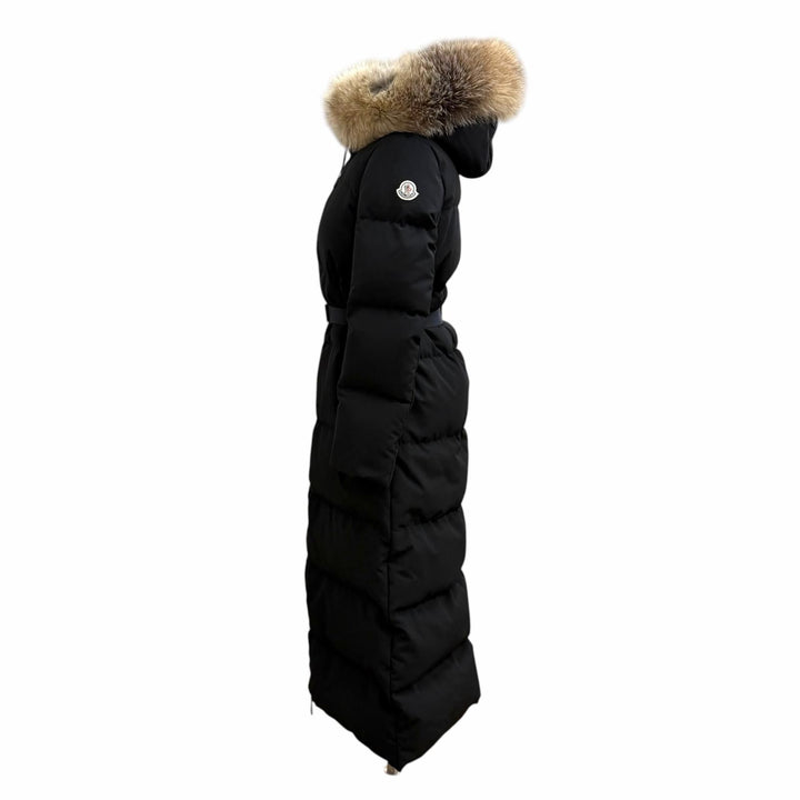 美品★MONCLER モンクレール BERNACHE FOXファー・ロゴワッペン・ベルト付 ZIP UP ロング丈 ダウンコート ブラック 00 正規品