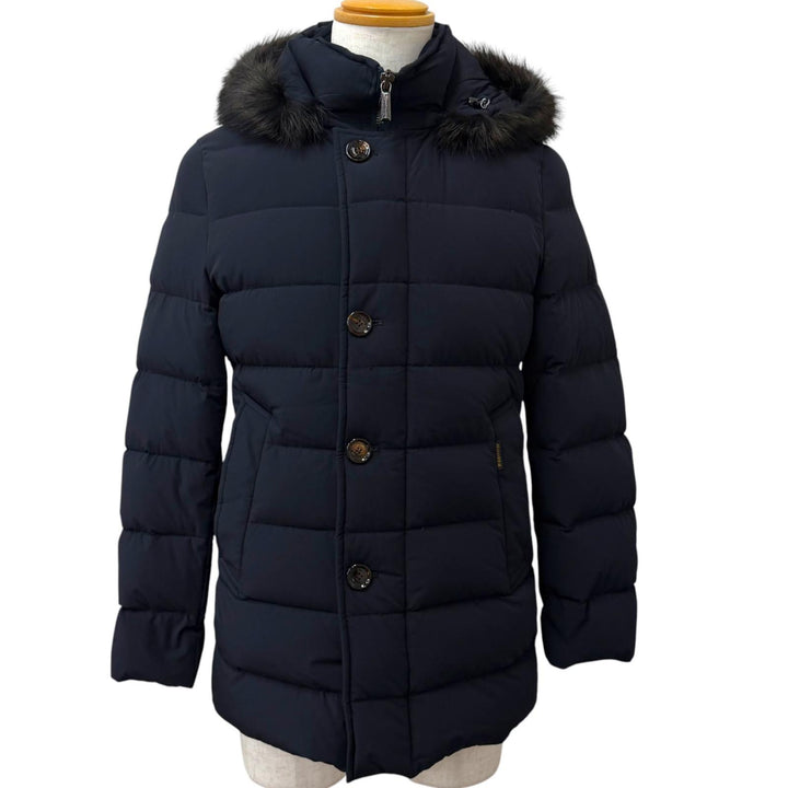 極美品□MOORER ムーレー MORESCO モレスコ ACQUA RESISTANT ファーフーデッド ダウンジャケット ダークブルー 44 正規品 メンズ