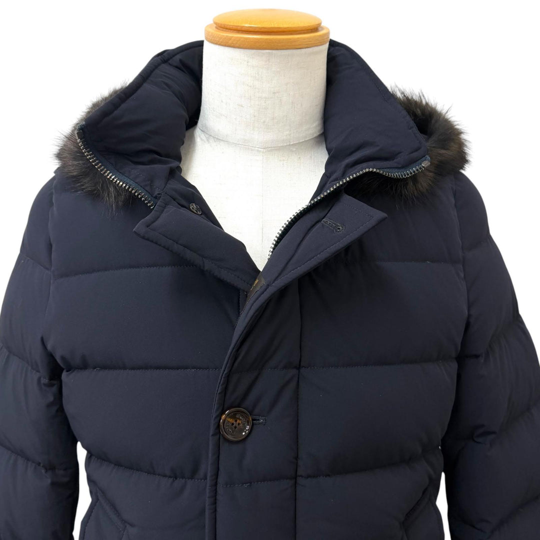 極美品□MOORER ムーレー MORESCO モレスコ ACQUA RESISTANT ファーフーデッド ダウンジャケット ダークブルー 44 正規品 メンズ