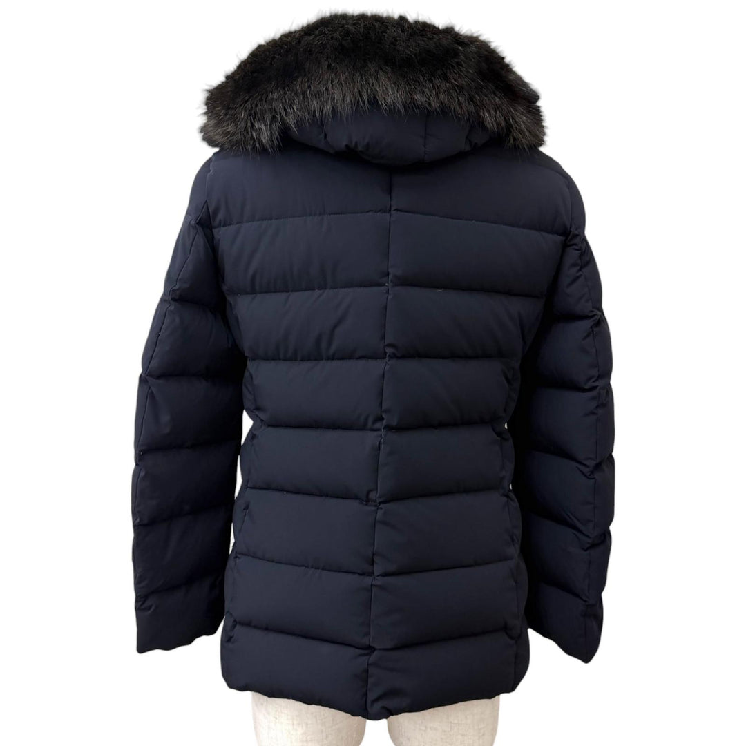 極美品□MOORER ムーレー MORESCO モレスコ ACQUA RESISTANT ファーフーデッド ダウンジャケット ダークブルー 44 正規品 メンズ