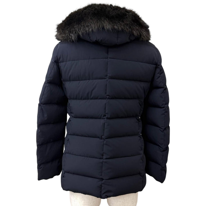 極美品□MOORER ムーレー MORESCO モレスコ ACQUA RESISTANT ファーフーデッド ダウンジャケット ダークブルー 44 正規品 メンズ