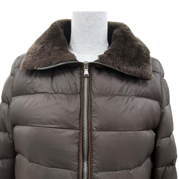 美品☆EMMETI エンメティ ファー付 ZIP UP ロング丈 ムートン切替 ダウンコート ムートンコート ブラウン 38 イタリア製 レディース