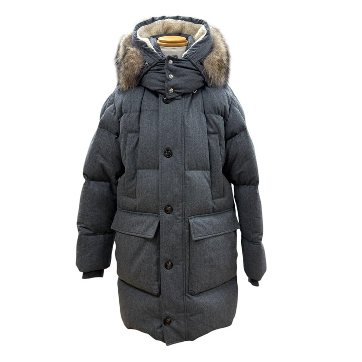 極美品▼MONCLER モンクレール VILAINE ウール100% ファー付き ロゴ入りボタン フーデッド ダウンジャケット グレー 2 正規品 メンズ