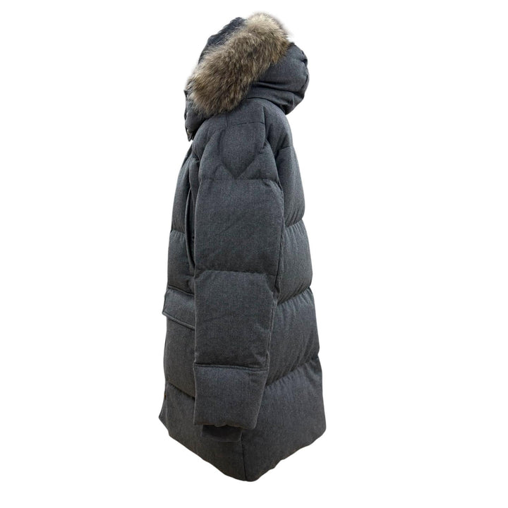 極美品▼MONCLER モンクレール VILAINE ウール100% ファー付き ロゴ入りボタン フーデッド ダウンジャケット グレー 2 正規品 メンズ