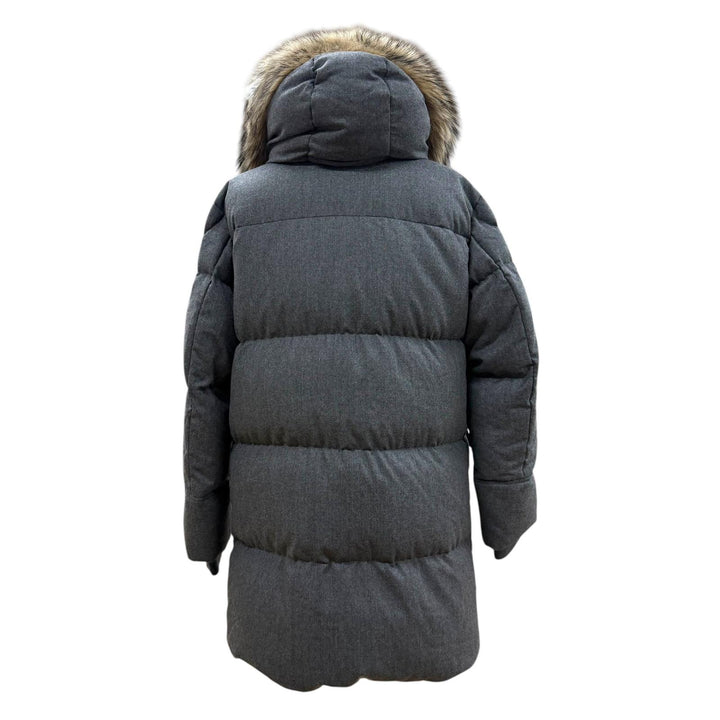 極美品▼MONCLER モンクレール VILAINE ウール100% ファー付き ロゴ入りボタン フーデッド ダウンジャケット グレー 2 正規品 メンズ