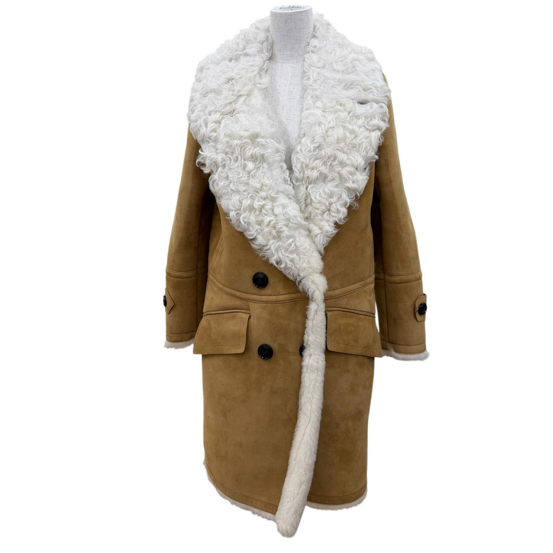 極美品☆BURBERRY バーバリー 4028088 シープスキン ラムレザー ロゴボタン ムートンコート ベージュ 38 イタリア製 正規品 レディース