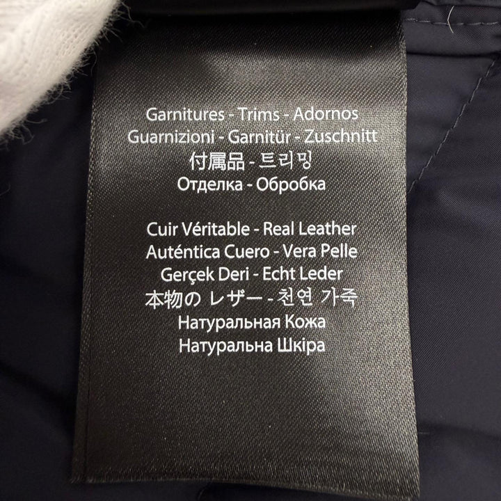 美品△MACKAGE マッカージュ 11122606-2A FARREN ファレン ロゴパッチ レザートリミング フーデッド ロングダウンコート 紺色 M 正規品