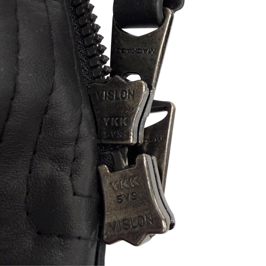 美品△MACKAGE マッカージュ 11122606-2A FARREN ファレン ロゴパッチ レザートリミング フーデッド ロングダウンコート 紺色 M 正規品