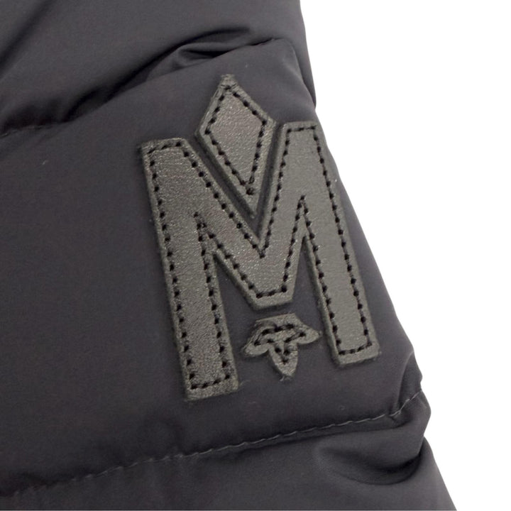美品△MACKAGE マッカージュ 11122606-2A FARREN ファレン ロゴパッチ レザートリミング フーデッド ロングダウンコート 紺色 M 正規品