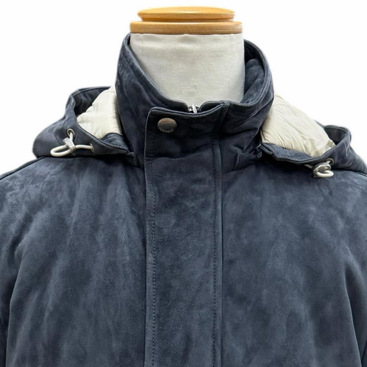 極美品▼Brunello Cucinelli ブルネロクチネリ スウェードレザー フーデッド 中綿入り WZIPUP コート グレー S イタリア製 正規品 メンズ