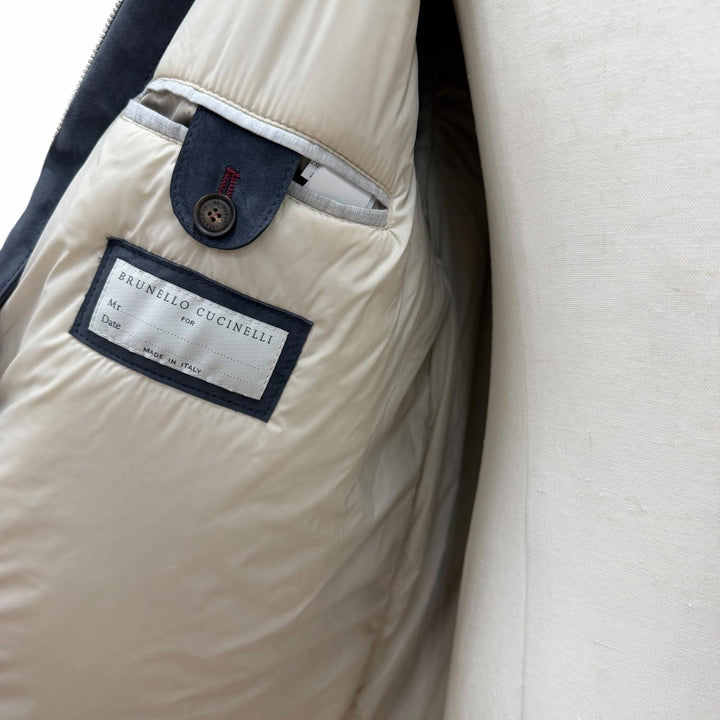 極美品▼Brunello Cucinelli ブルネロクチネリ スウェードレザー フーデッド 中綿入り WZIPUP コート グレー S イタリア製 正規品 メンズ