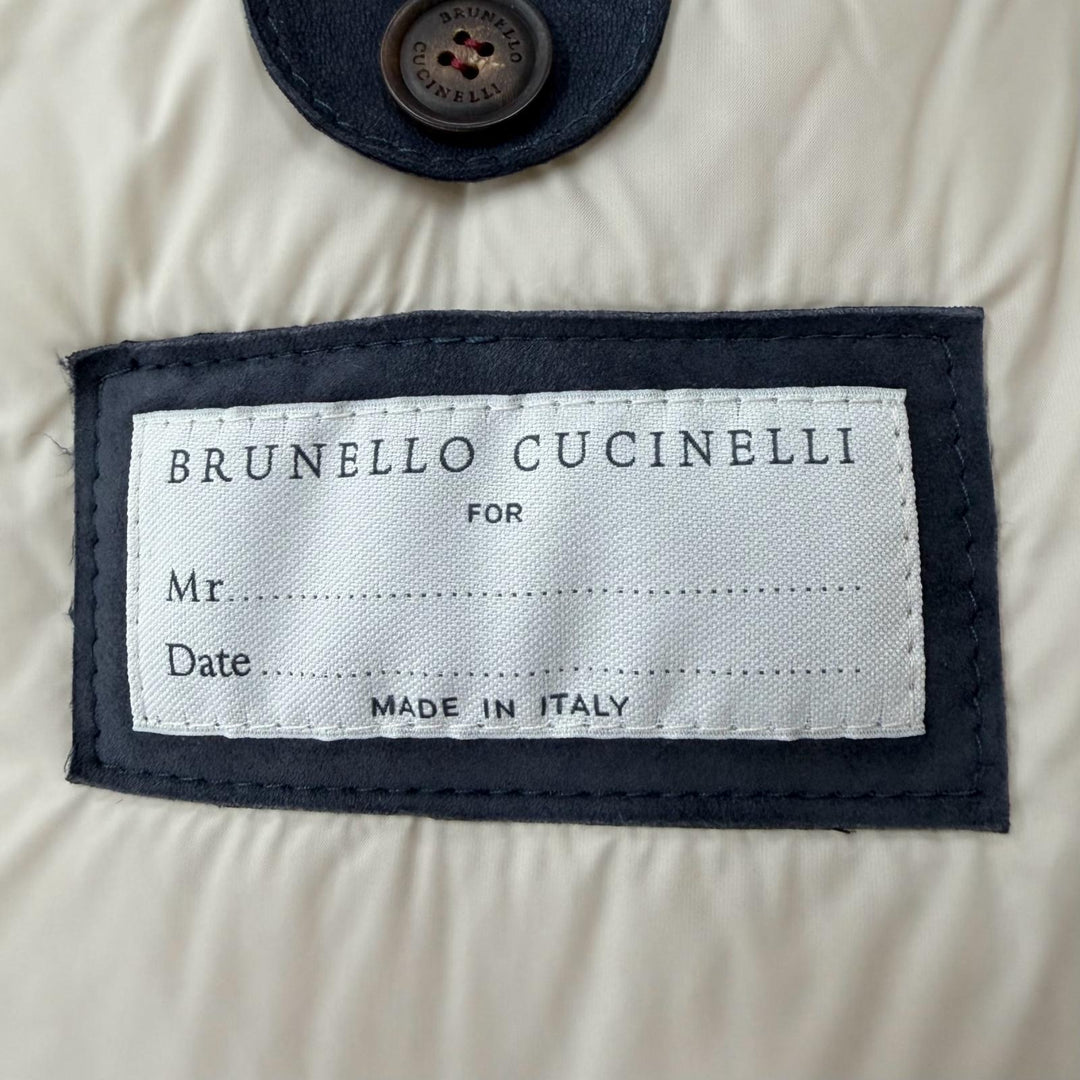 極美品▼Brunello Cucinelli ブルネロクチネリ スウェードレザー フーデッド 中綿入り WZIPUP コート グレー S イタリア製 正規品 メンズ