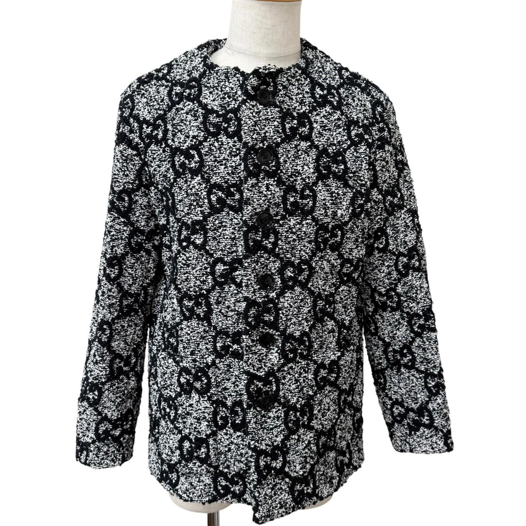 極美品□GUCCI グッチ 782745 GGロゴ総柄 ノーカラー ツイードジャケット カラーレスジャケット ブラック ホワイト 48 イタリア製 正規品