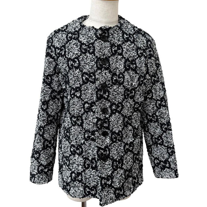 極美品□GUCCI グッチ 782745 GGロゴ総柄 ノーカラー ツイードジャケット カラーレスジャケット ブラック ホワイト 48 イタリア製 正規品