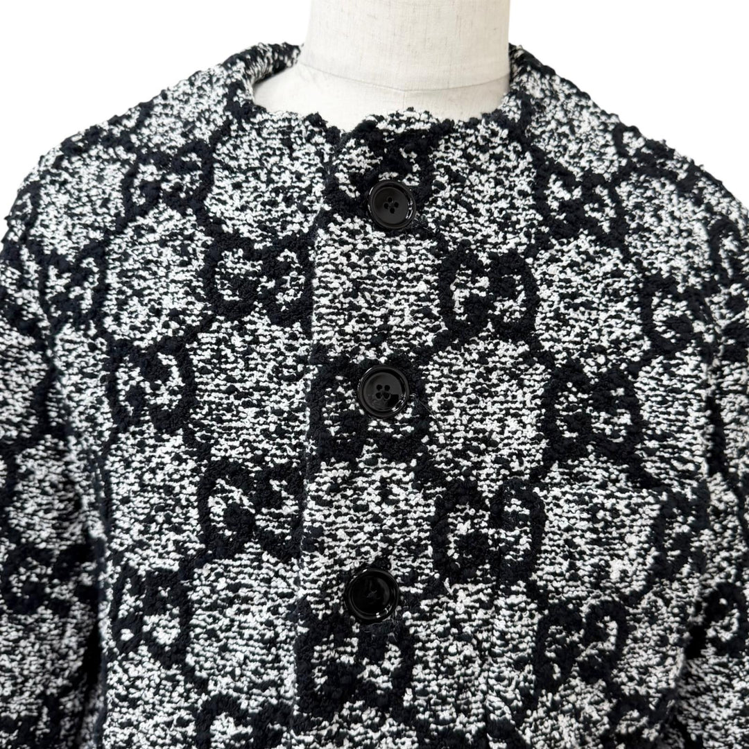 極美品□GUCCI グッチ 782745 GGロゴ総柄 ノーカラー ツイードジャケット カラーレスジャケット ブラック ホワイト 48 イタリア製 正規品