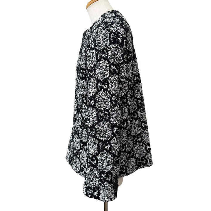 極美品□GUCCI グッチ 782745 GGロゴ総柄 ノーカラー ツイードジャケット カラーレスジャケット ブラック ホワイト 48 イタリア製 正規品