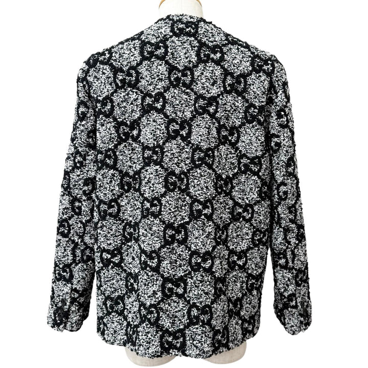 極美品□GUCCI グッチ 782745 GGロゴ総柄 ノーカラー ツイードジャケット カラーレスジャケット ブラック ホワイト 48 イタリア製 正規品