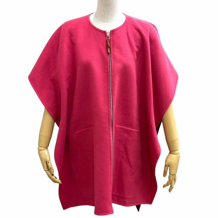 極美品★HERMES エルメス 3E0222DZ カシミヤ100% リバーシブル ロゴボタン レザーZIP ダブルフェイス ケープ ポンチョ パープル 38 仏製